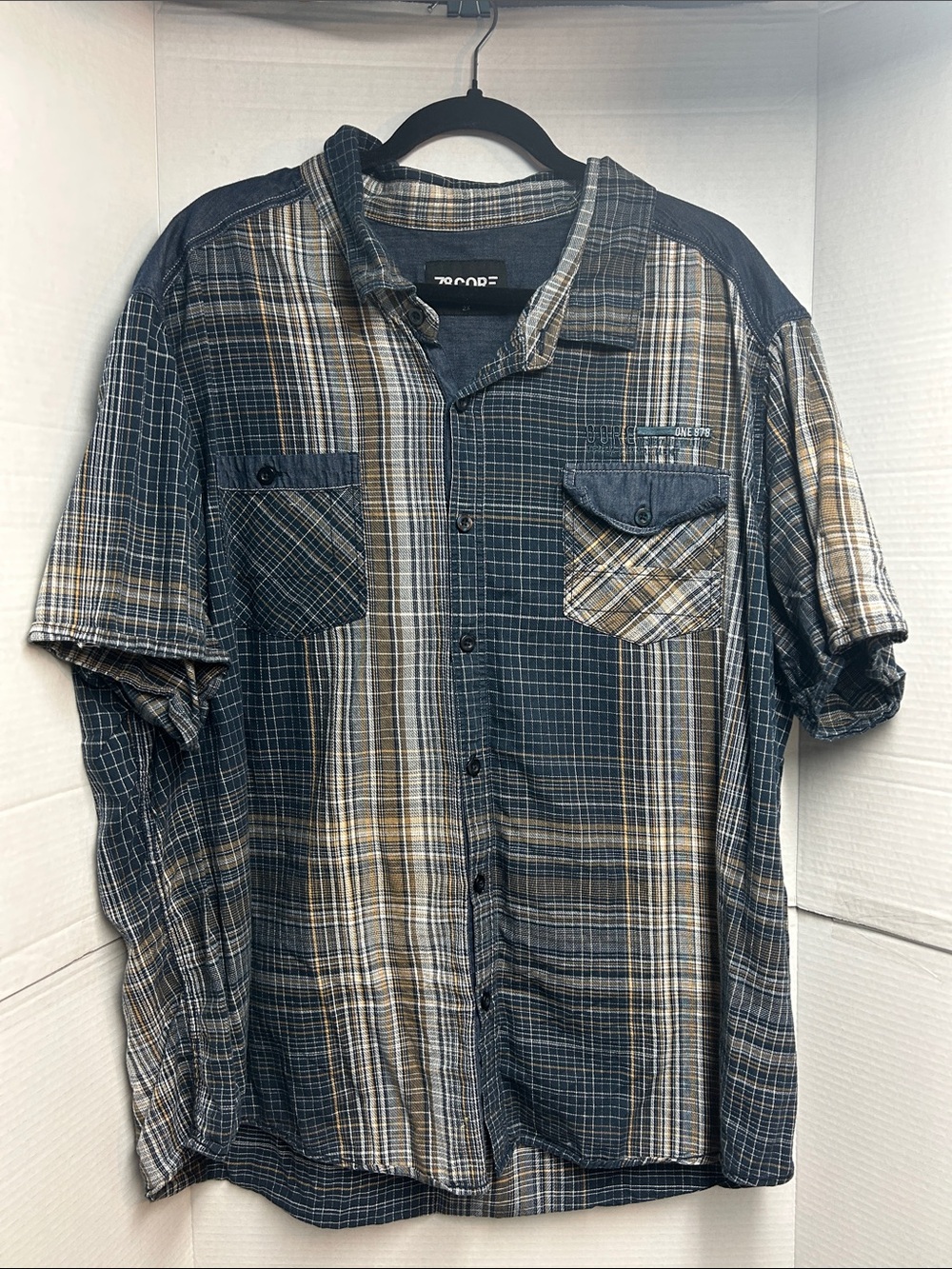Men's Casual Short-Sleeve Button-Down Plaid Shirt - Blue/Tan